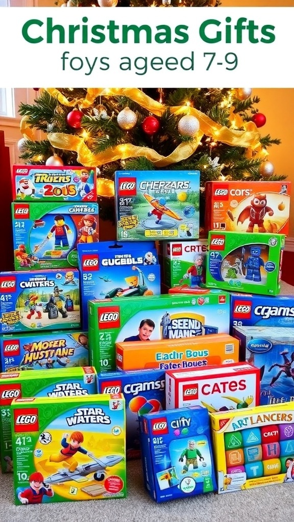 A collection of Christmas gifts for boys, including LEGO sets, action figures, and board games under a Christmas tree.